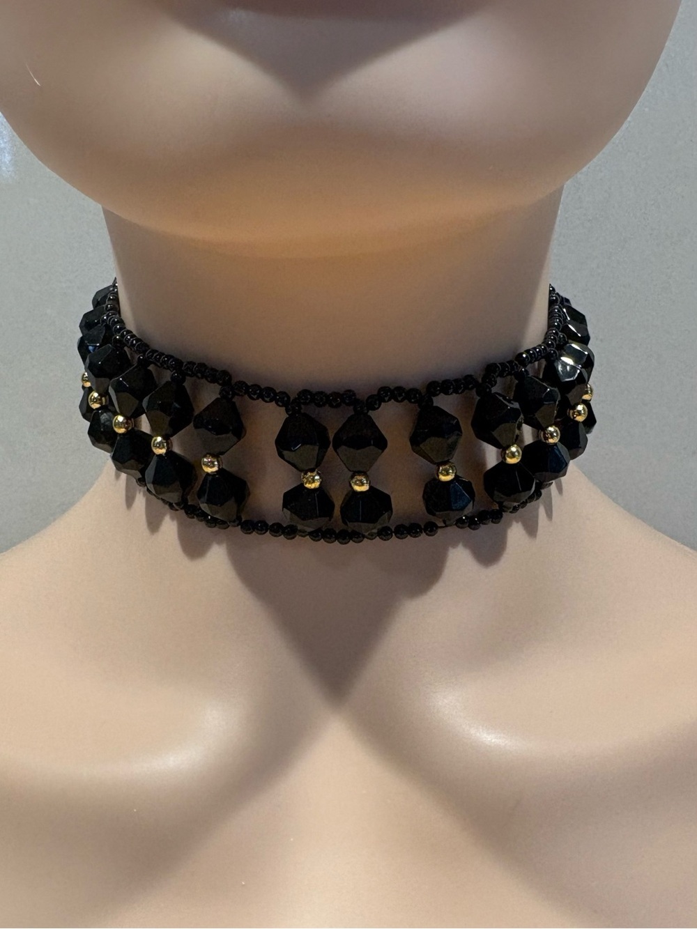 Vintage Black Beaded Choker Necklace with Gold Accents - Picture 3 of 8